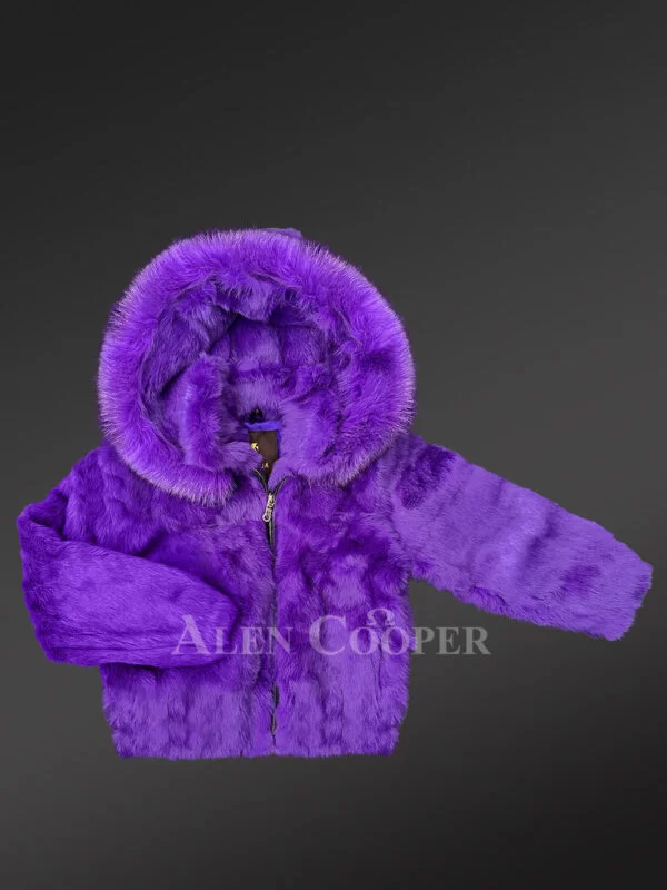 Purple Rabbit Fur Bomber Jacket with a Hood for Kids - Image 2