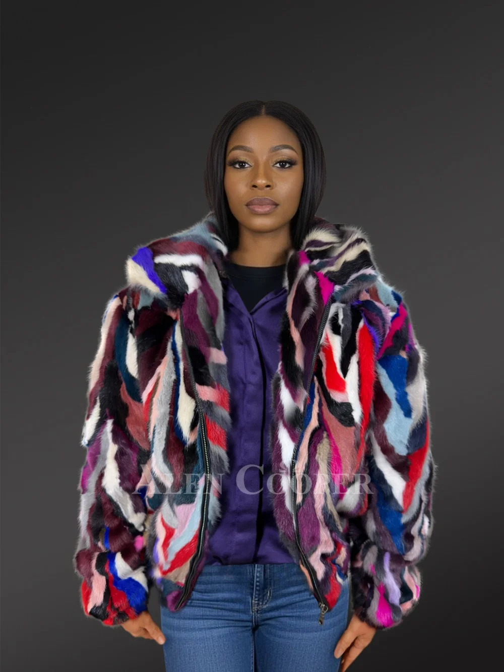 Women Bomber Mink Fur Jacket with Hood - Image 2