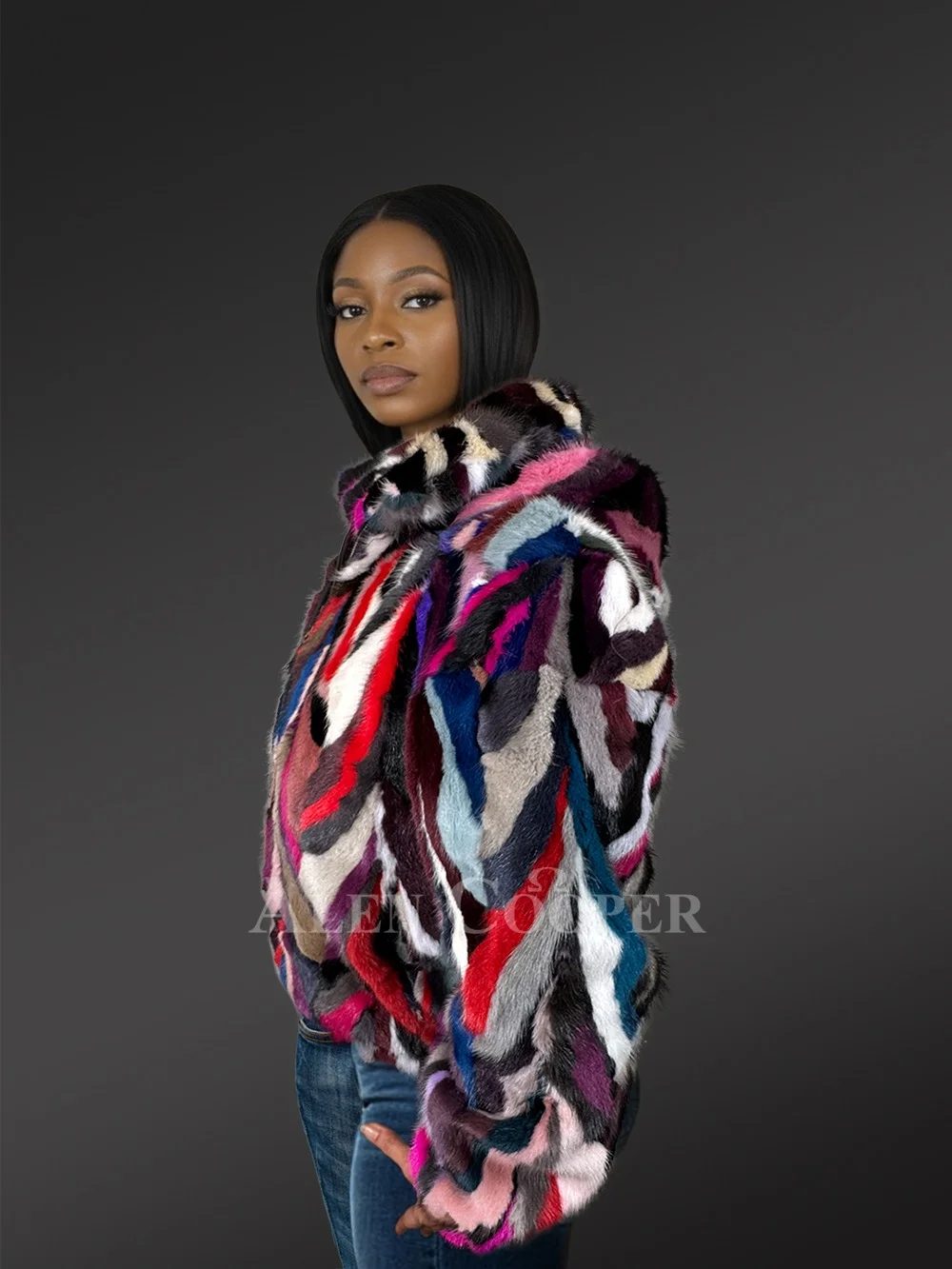 Women Bomber Mink Fur Jacket with Hood - Image 5