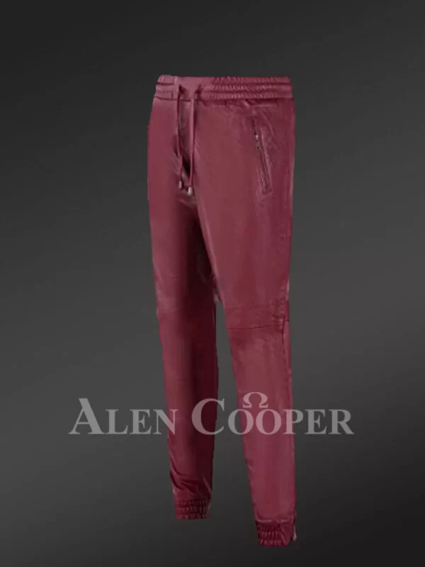 Men’s Authentic Leather Joggers in Wine - Image 2