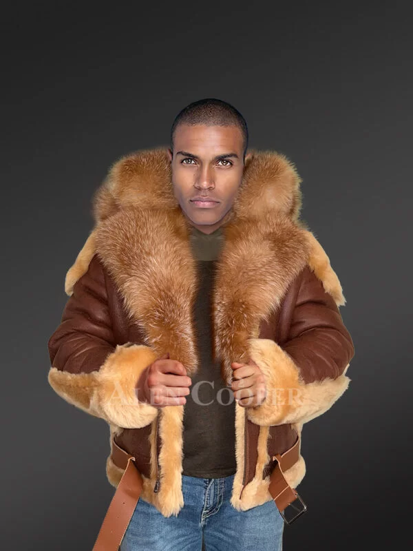 Shearling Sheepskin Jacket Men with Fur Trims