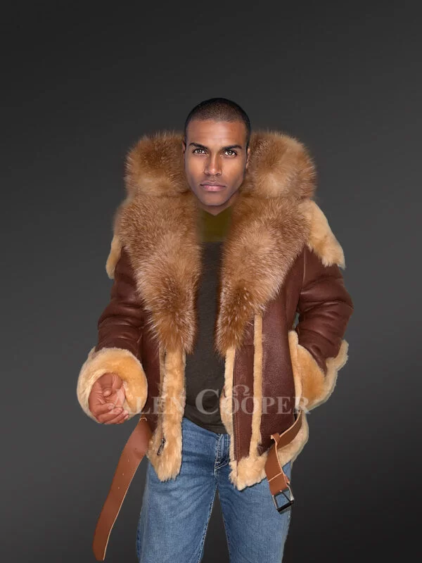 Shearling Sheepskin Jacket Men with Fur Trims