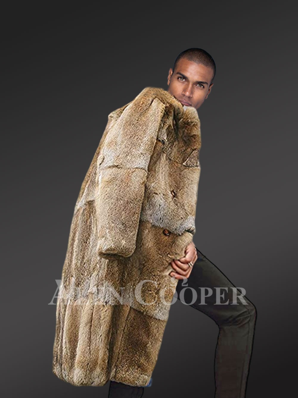 Men’s double breasted Natural Rabbit Fur Long Coat - Image 5