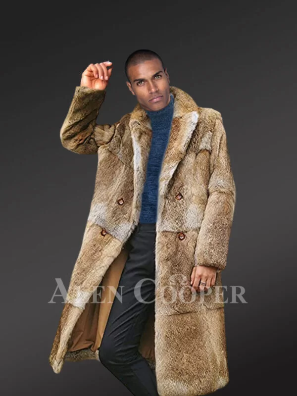 Men’s double breasted Natural Rabbit Fur Long Coat - Image 3