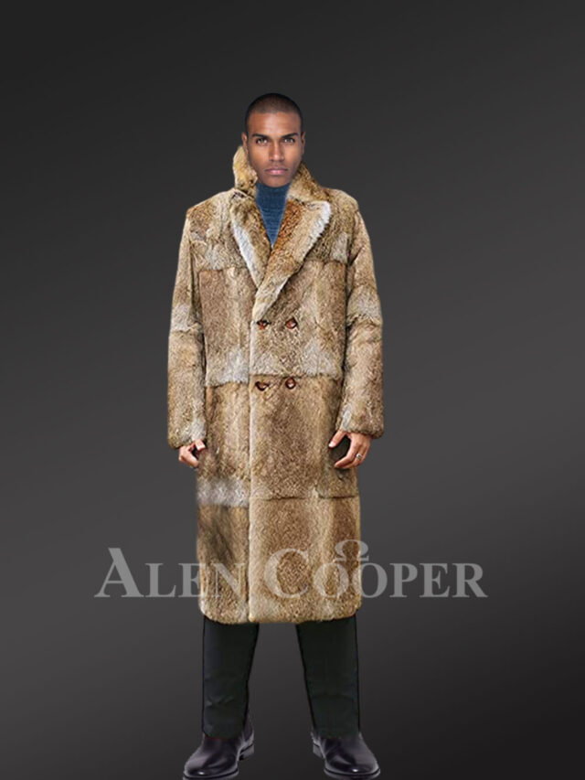 Men’s double breasted Natural Rabbit Fur Long Coat