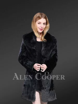 Mid Length Rabbit Coat with Fox Fur Accent women