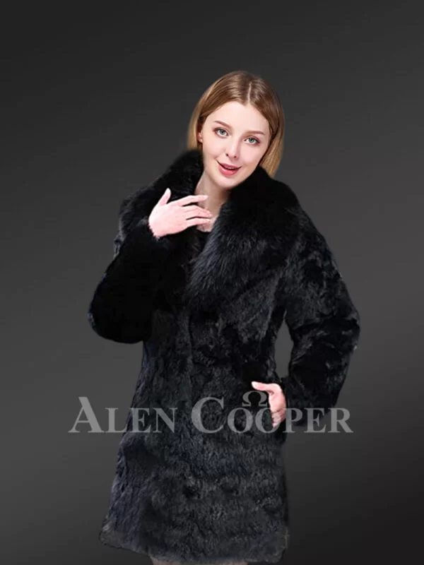 Mid Length Rabbit Coat with Fox Fur Accent - Image 3