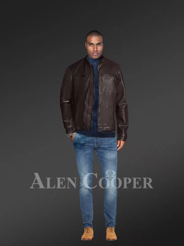 Coffee Moto Leather Jacket for Men - Image 5