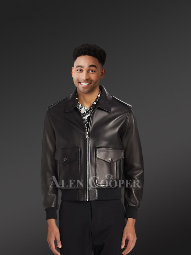 Men’s Original Leather Bomber Jacket In Pilot Style with Long Sleeves