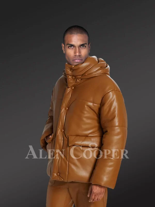 Men’s Puffer Leather Bomber Jacket with Collared Neck and Detachable Hood - Image 2