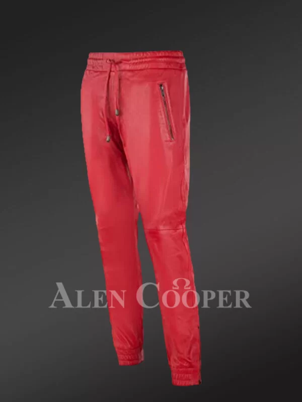 Men’s Genuine Leather Joggers in Red - Image 2