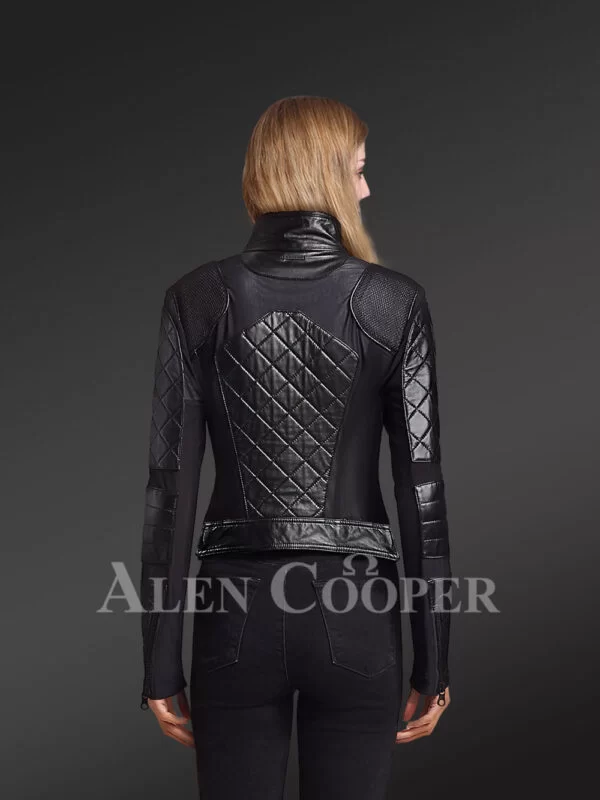 Women’s Black Moto Leather Jacket with Diamond Pattern - Image 4