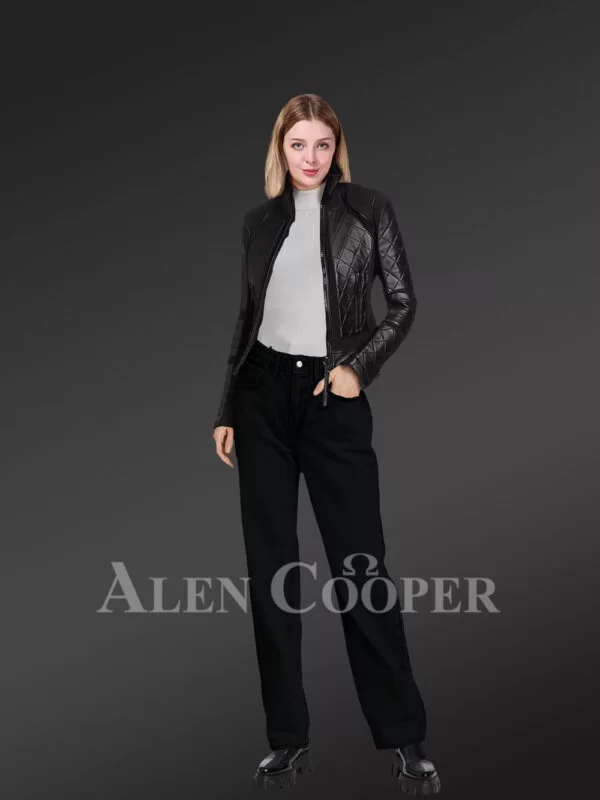 Women’s Black Moto Leather Jacket with Diamond Pattern - Image 2