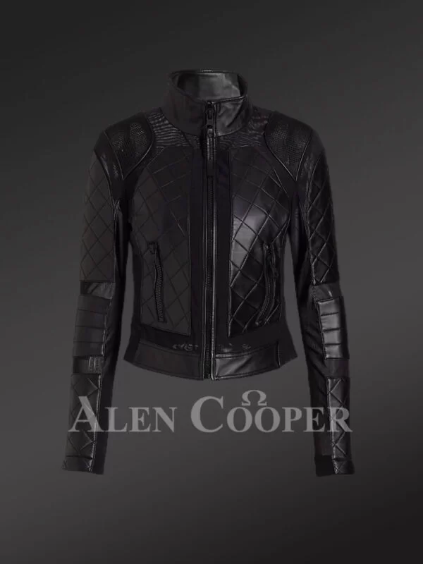Women’s Black Moto Leather Jacket with Diamond Pattern - Image 5