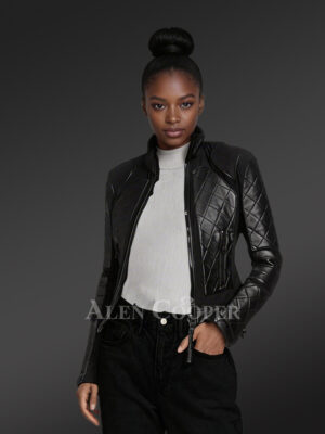 Women’s Black Moto Leather Jacket with Diamond Pattern
