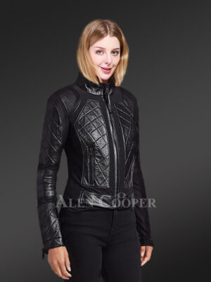 Women’s Black Moto Leather Jacket with Diamond Pattern