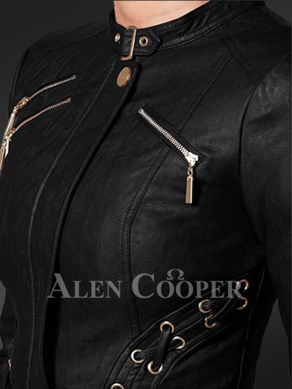 Crop Leather Motorcycle Jacket - Image 4