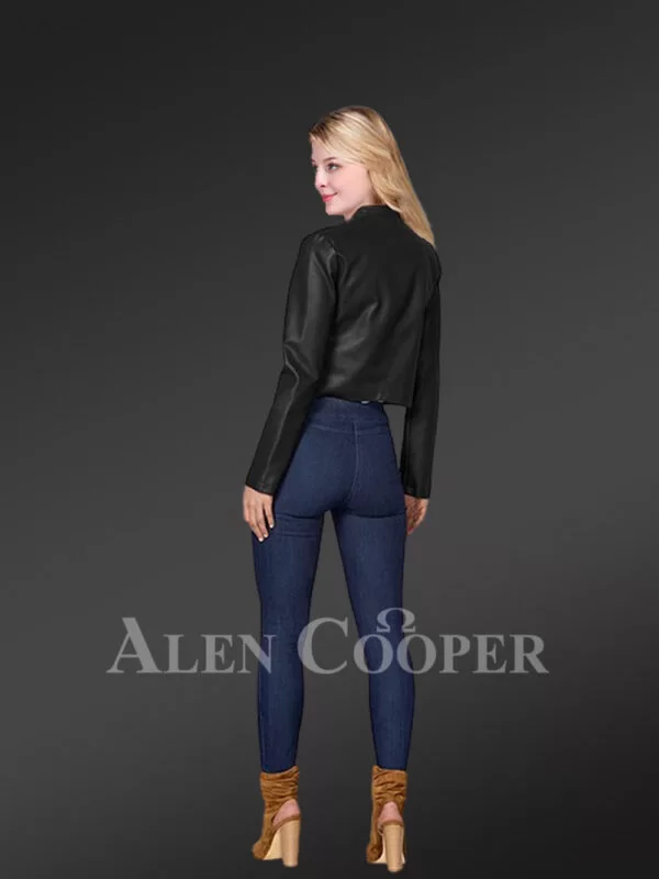 Crop Leather Motorcycle Jacket - Image 2