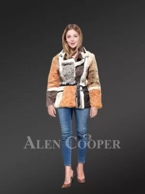Double Breast Multi Color Rabbit Fur Coat