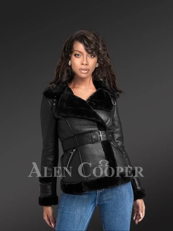 Double Breast Shearling Jacket with Belt