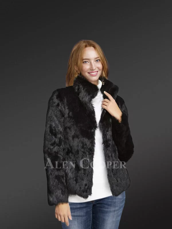 Rabbit Fur Jacket in Black for Stylish Women - Image 3
