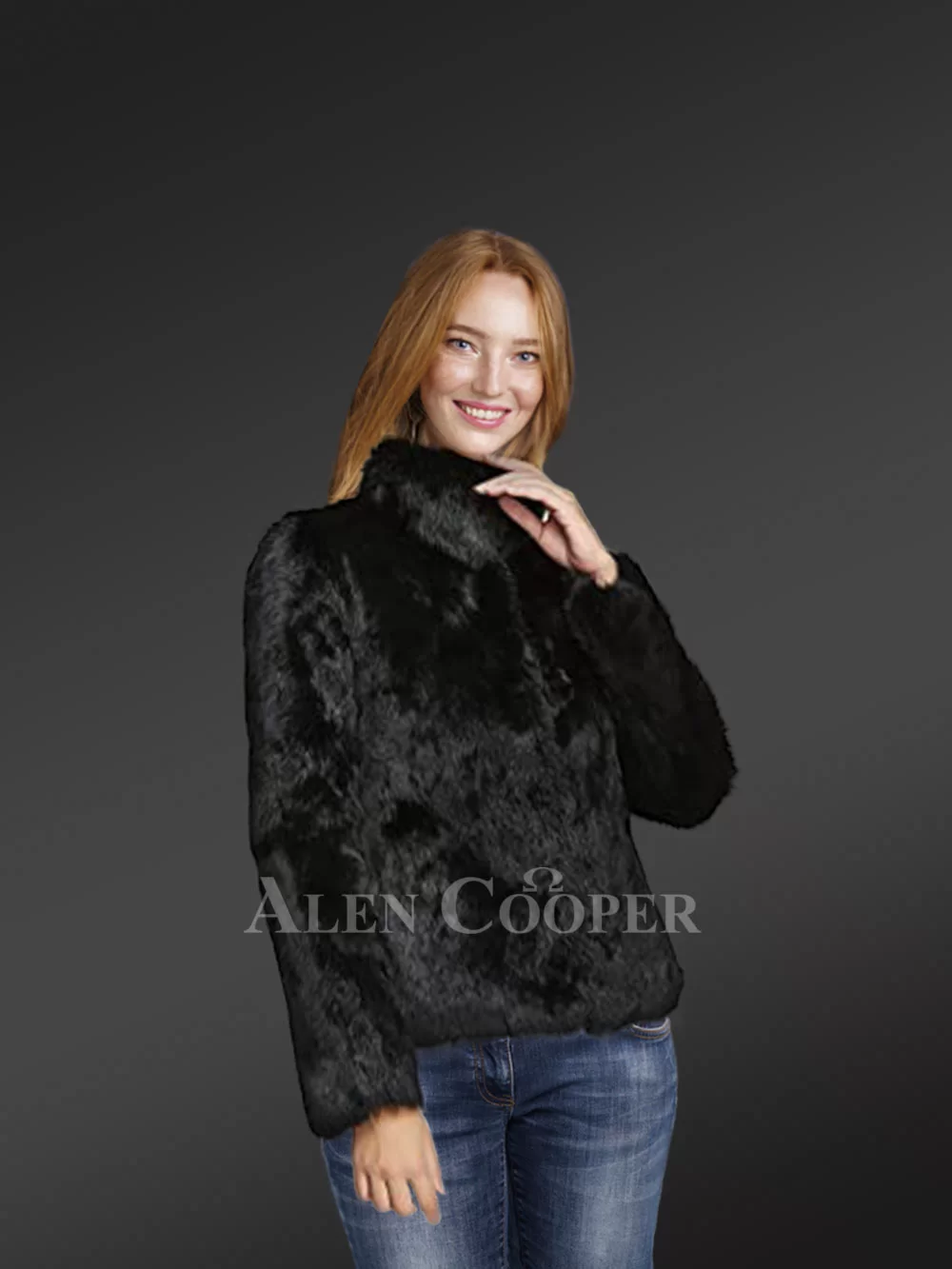 Alen Cooper Women Rabbit Fur Bomber in Navy