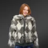Geometric Rabbit Fur Bomber for Women