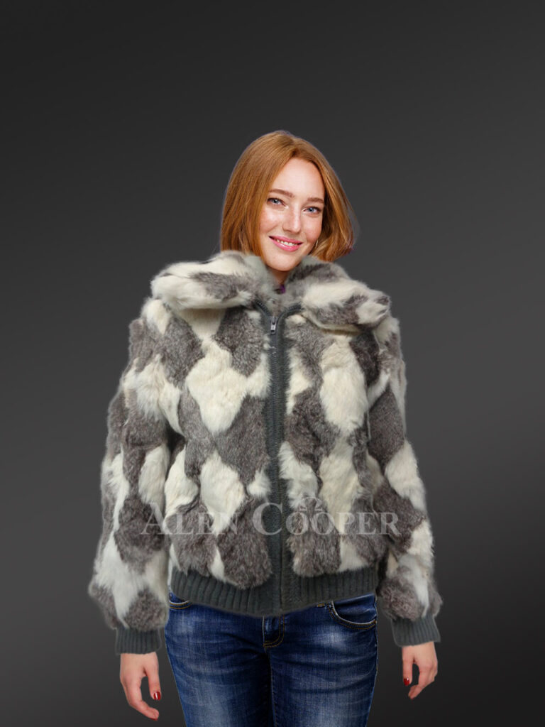 Geometric Rabbit Fur Bomber for Women