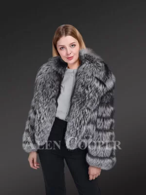Lapel Collar Silver Fox fur Coat