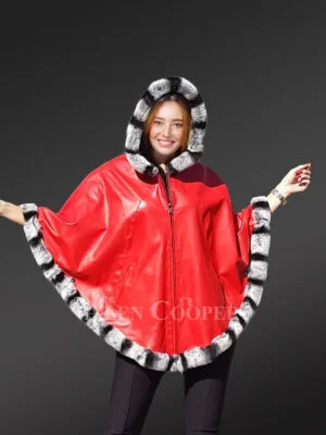 Leather Cape with Chincilla Finish Trim in Red