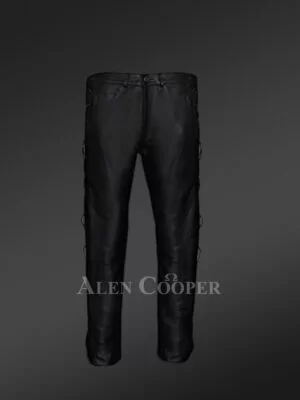 Leather Pants in Jet Black with Unique Criss-Cross Pattern Styles on Sides