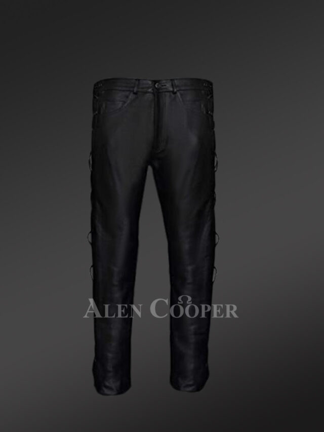 Leather Pants in Jet Black with Unique Criss-Cross Pattern Styles on Sides