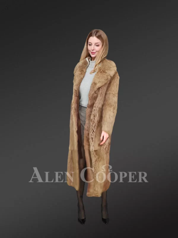 Long Dressy Rabbit Fur Coat in Brown - Image 3