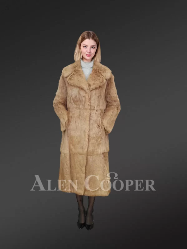 Long Dressy Rabbit Fur Coat in Brown - Image 4