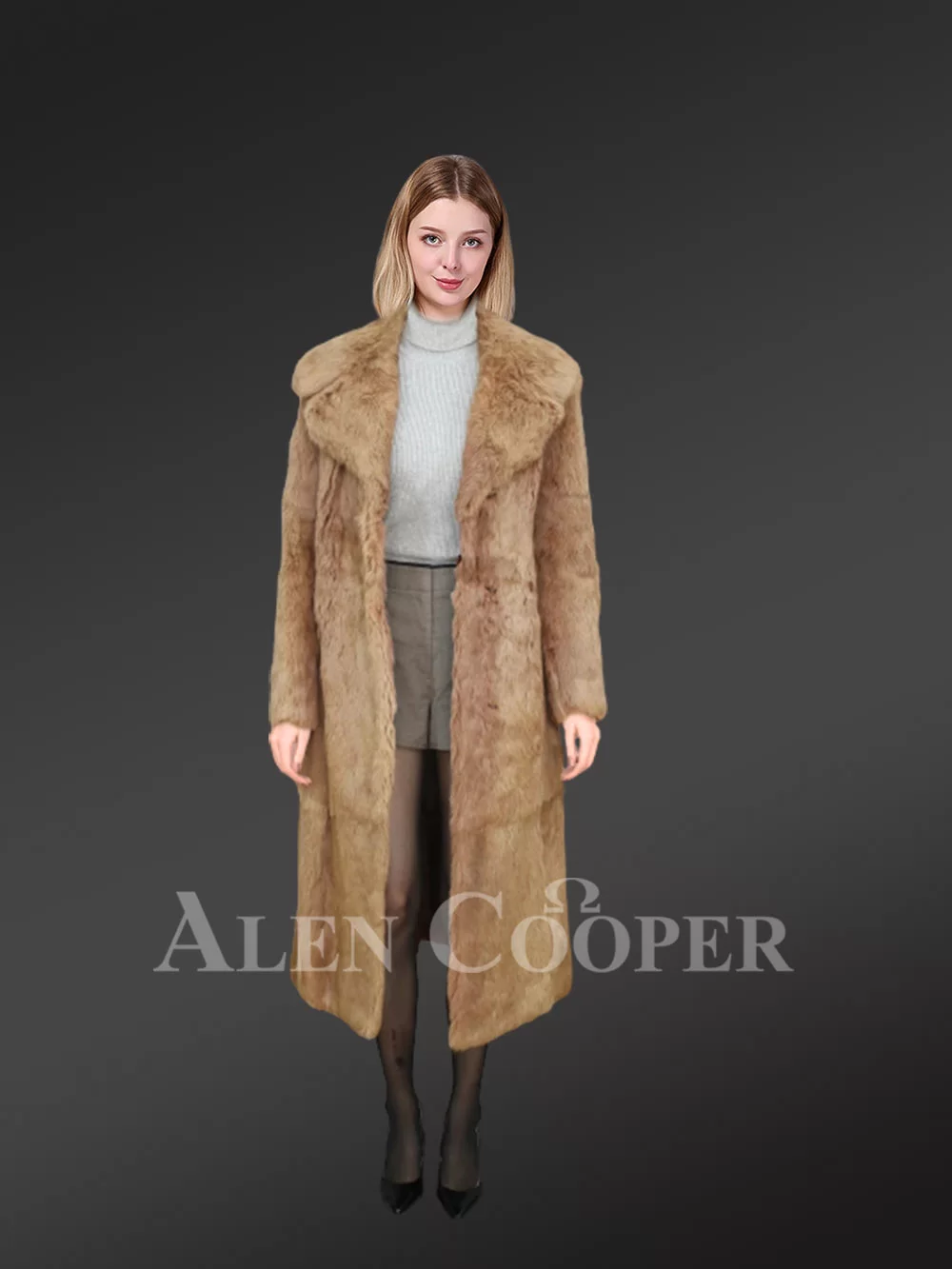 Long Dressy Rabbit Fur Coat in Brown