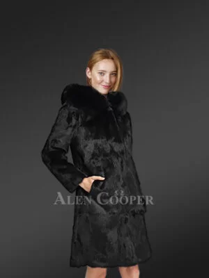 Long A-line Rabbit Fur Coat with Hood in Black for Women