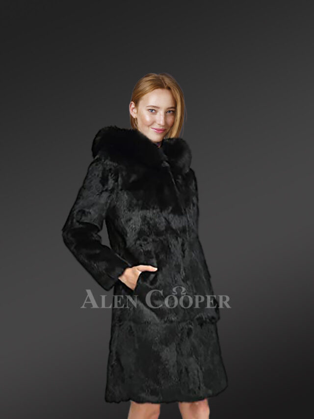 Long A-line Rabbit Fur Coat with Hood in Black for Women