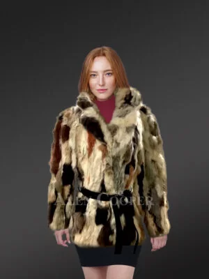 Multi Color Rabbit Coat with Tie Belt
