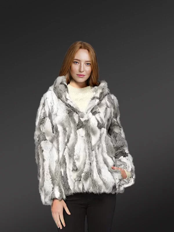 Rabbit Fur Bomber Jacket with Hood for women