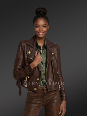 Belted Double Breast Biker Jacket with Zippers and Buttons