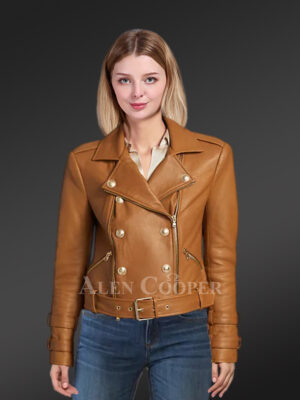 Belted Leather Biker Jacket with Double-Breast Front