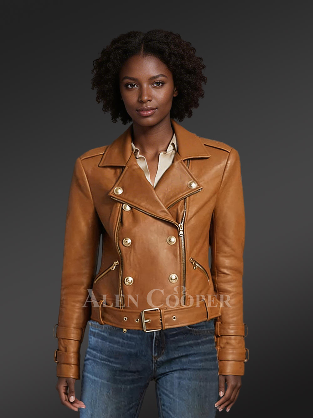 Belted Leather Biker Jacket with Double-Breast Front