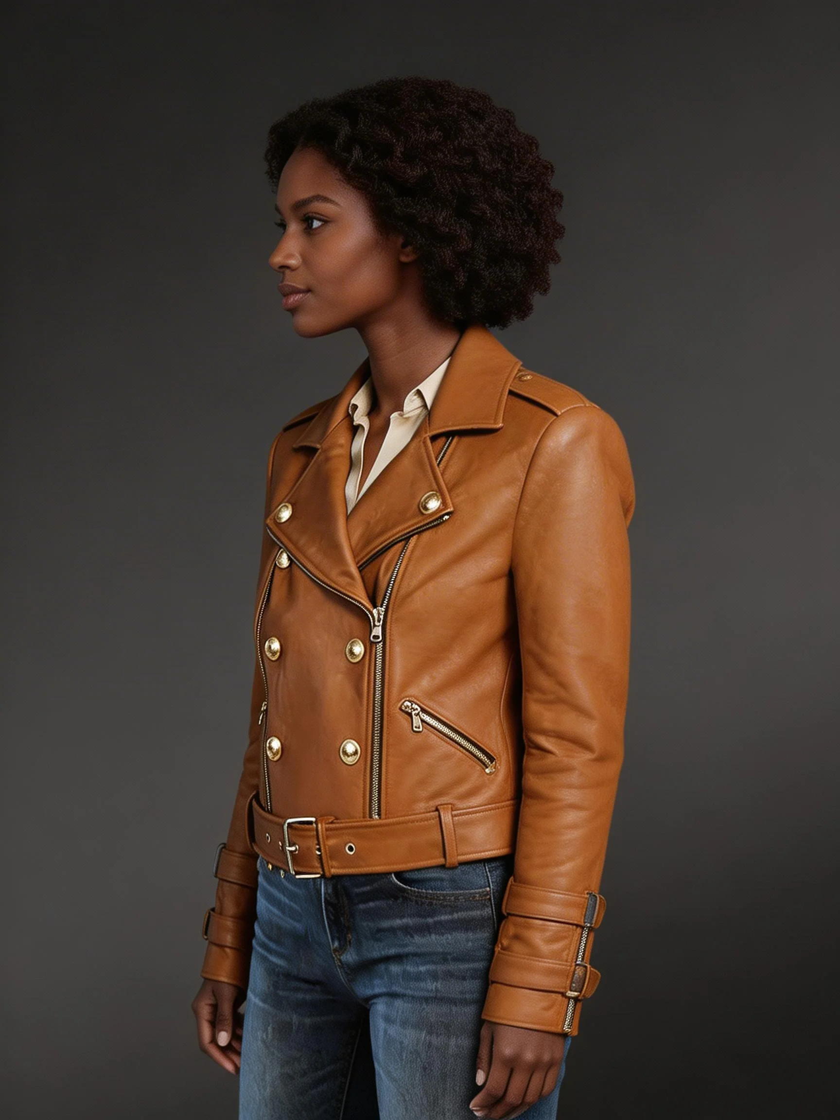 Belted Leather Biker Jacket with Double-Breast Front - Image 3