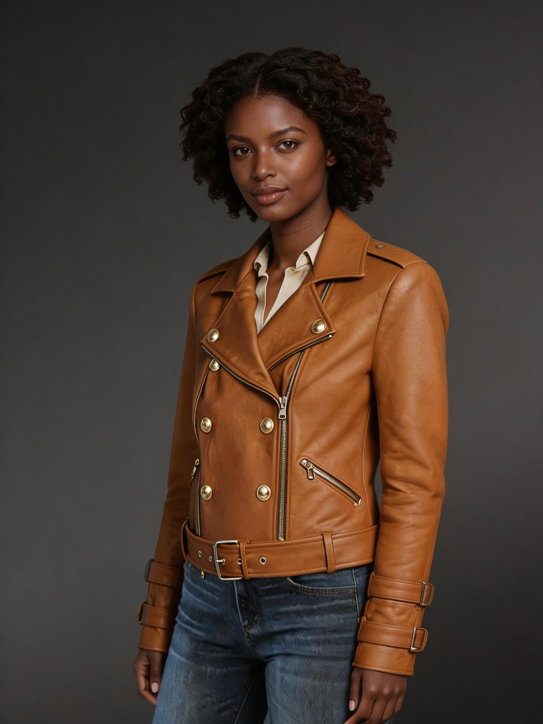 Belted Leather Biker Jacket with Double-Breast Front - Image 2