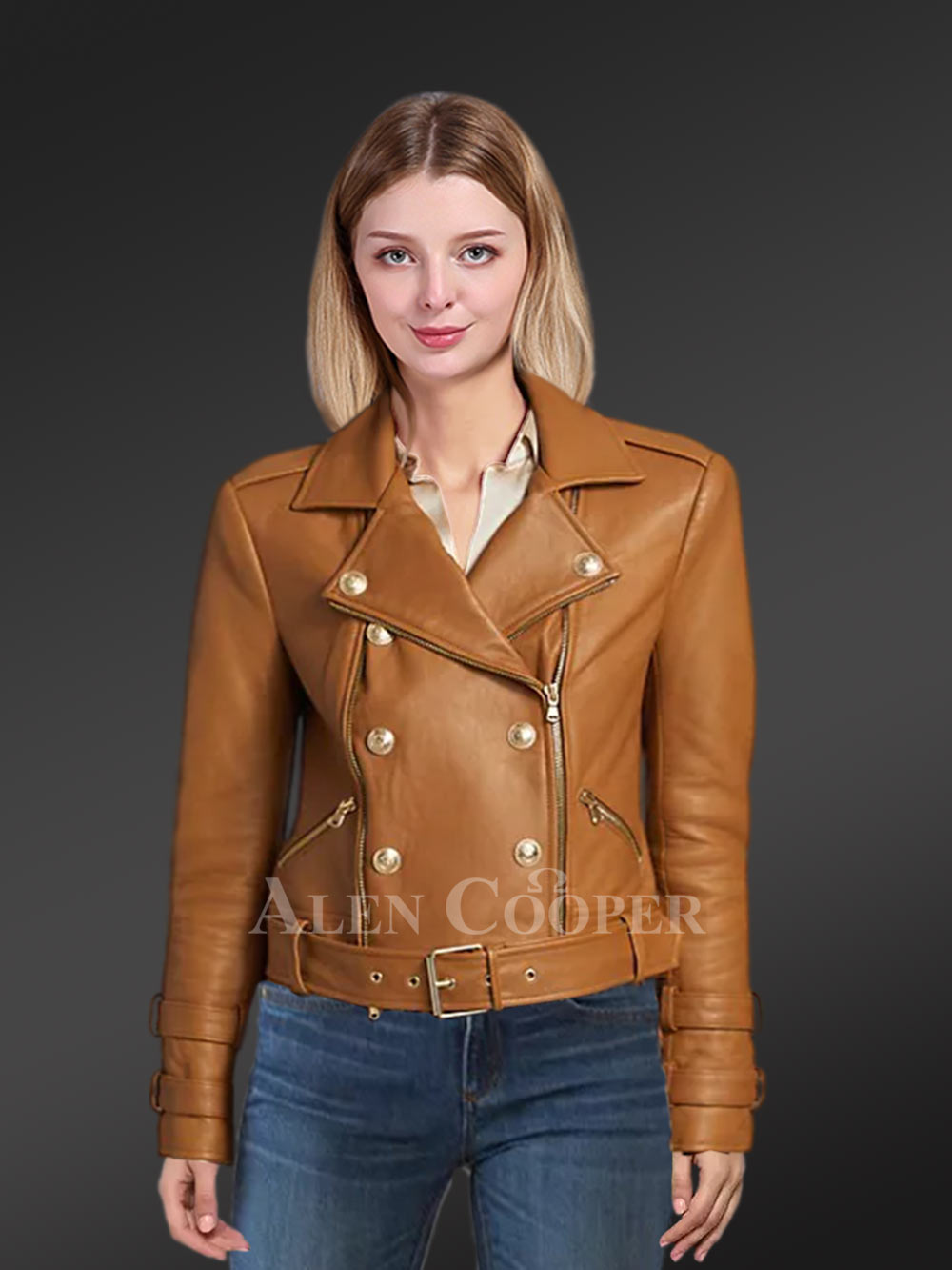 Belted Leather Biker Jacket with Double-Breast Front