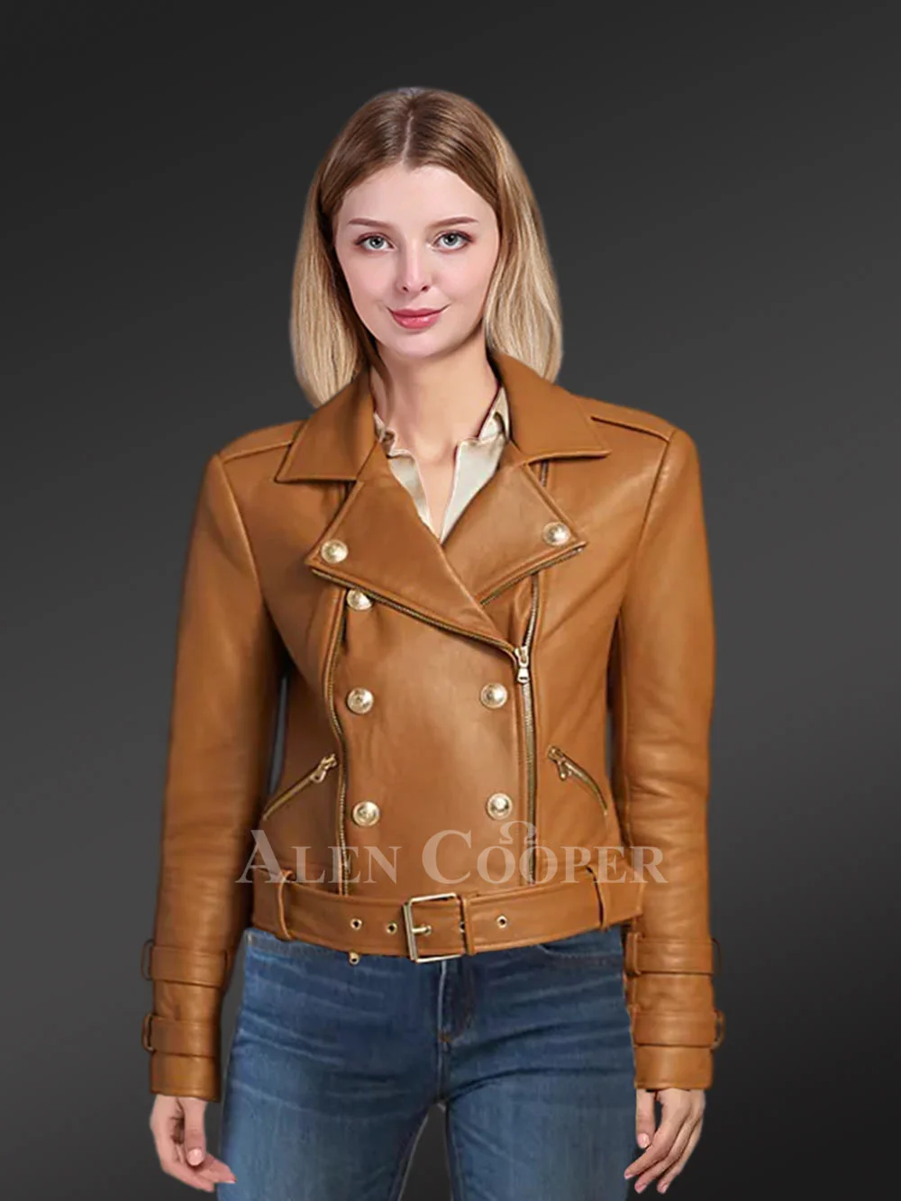 Belted Leather Biker Jacket with Double-Breast Front