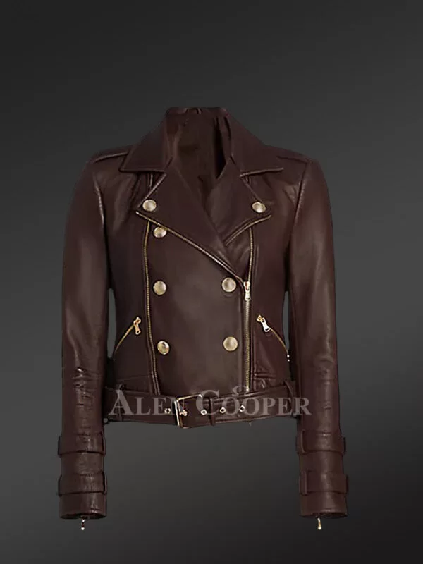 Belted Double Breast Biker Jacket with Zippers and Buttons - Image 6