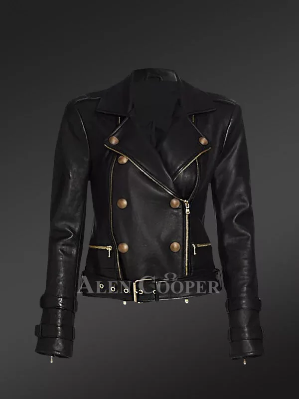 Womens Cropped Moto Leather Jacket Snugly Glowing Your Wintry Eventide - Image 6