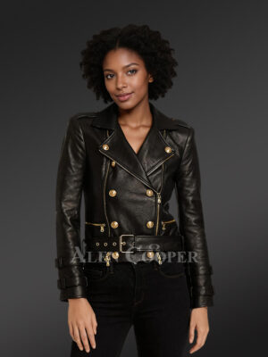 Double Breast Leather Jacket with Belted Waist and Cuffs