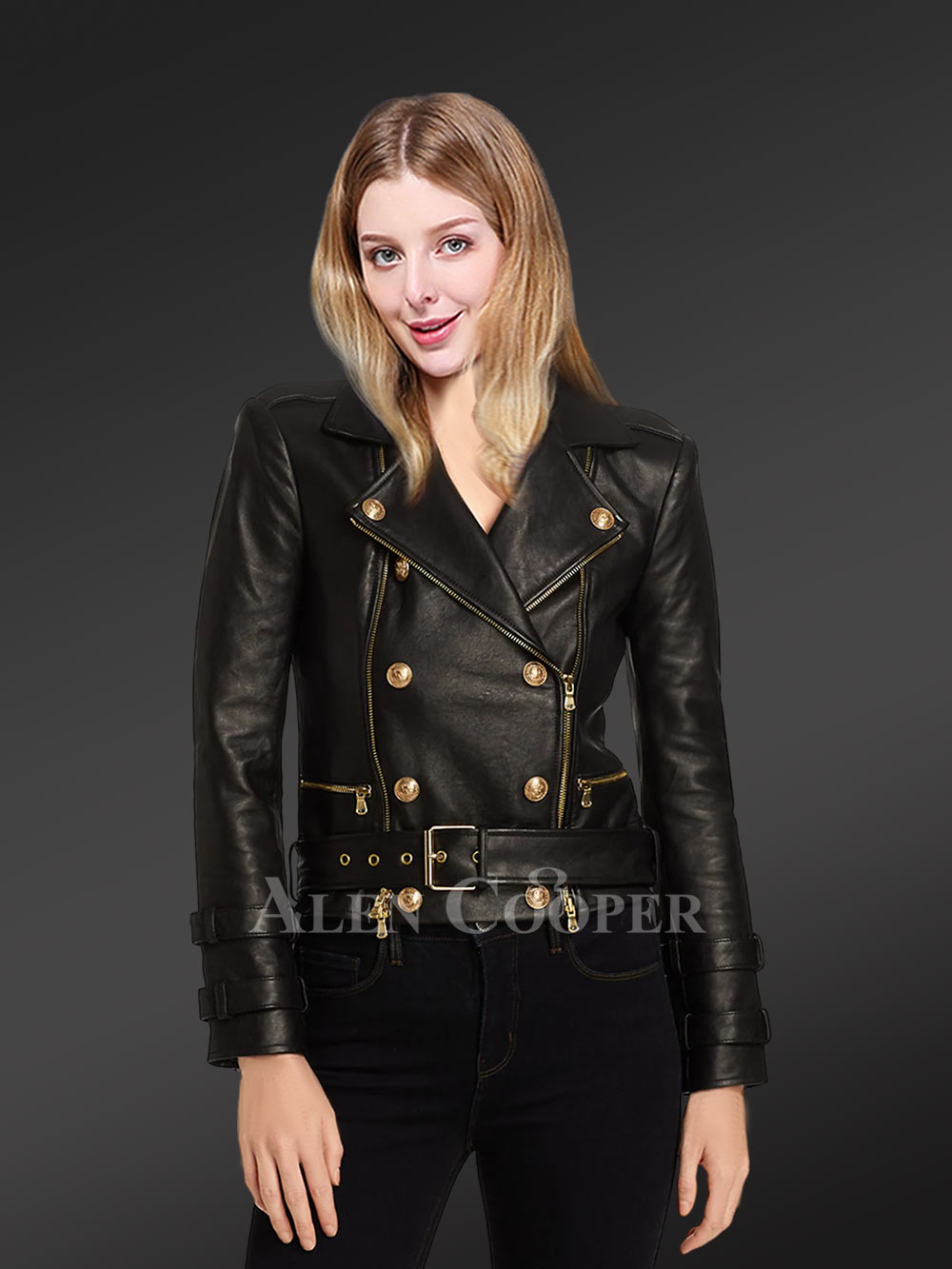 Double Breast Leather Jacket with Belted Waist and Cuffs